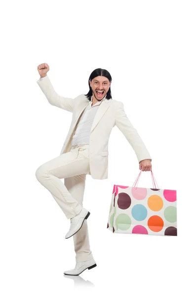 Uomo con shopping bags isolato su bianco — Foto Stock