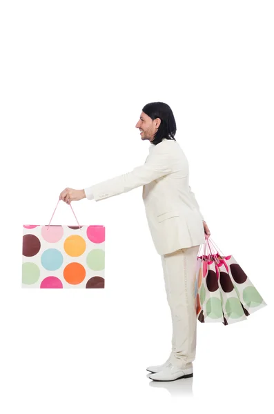 Hombre con bolsas aisladas en blanco —  Fotos de Stock