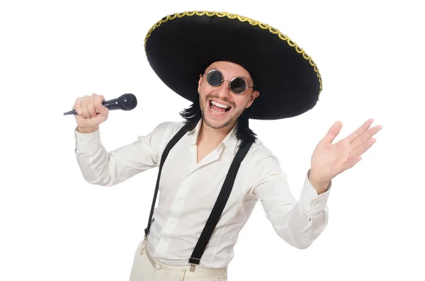 Funny man wearing mexican sombrero hat isolated on white — Stock Photo, Image