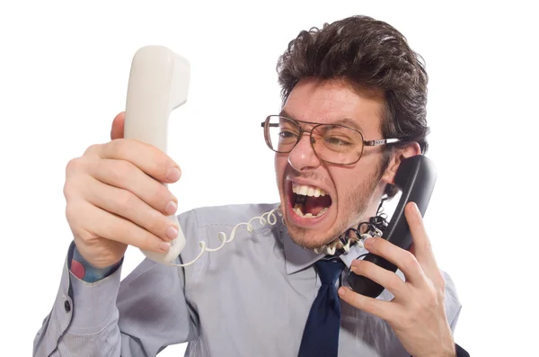 Genç çağrı merkezi çalışanı üzerinde beyaz izole — Stok fotoğraf