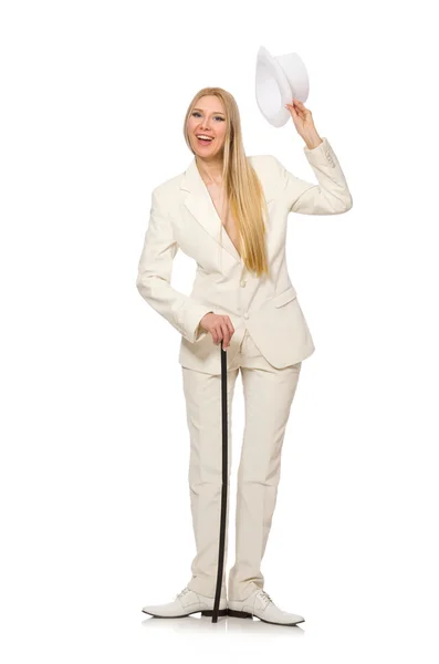 Blond hair girl with walking stick isolated on white — Stock Photo, Image