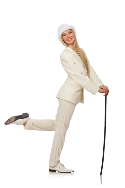 Blond haar meisje met wandelstok geïsoleerd op wit — Stockfoto