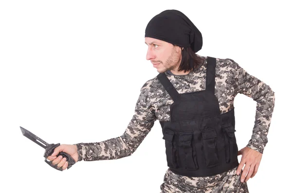 Jovem de uniforme militar segurando faca isolada em branco — Fotografia de Stock