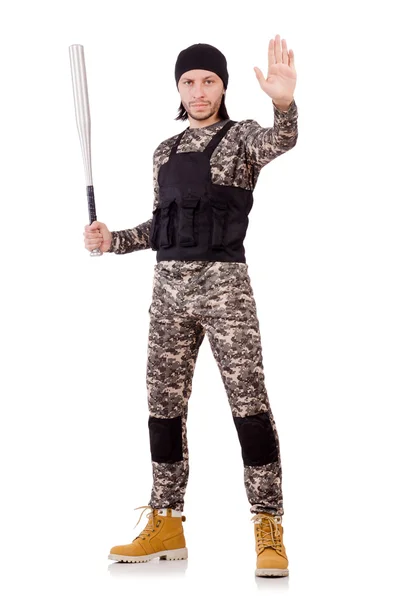Joven en uniforme militar sosteniendo murciélago aislado en blanco — Foto de Stock