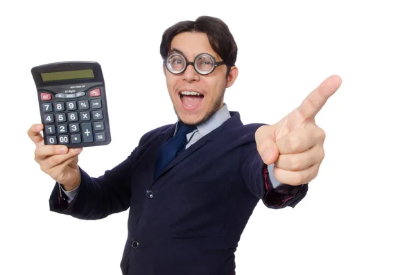 Vicces ember elszigetelt fehér számológéppel — Stock Fotó
