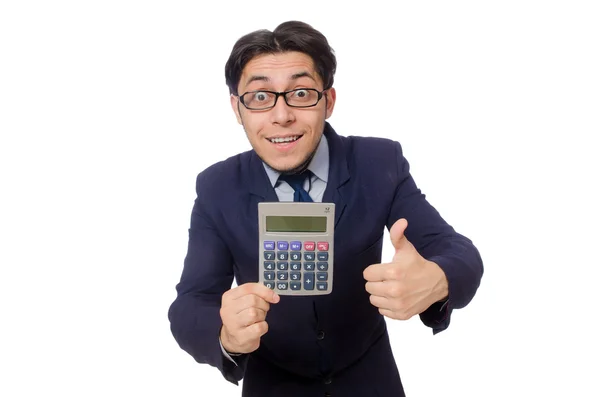 Homme drôle avec calculatrice isolé sur blanc — Photo