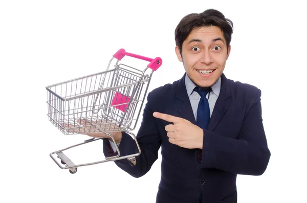Lustiger Mann mit Einkaufswagen isoliert auf weiß — Stockfoto