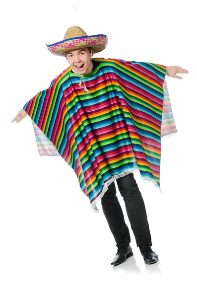 Grappige jonge Mexicaanse met valse snor geïsoleerd op wit — Stockfoto