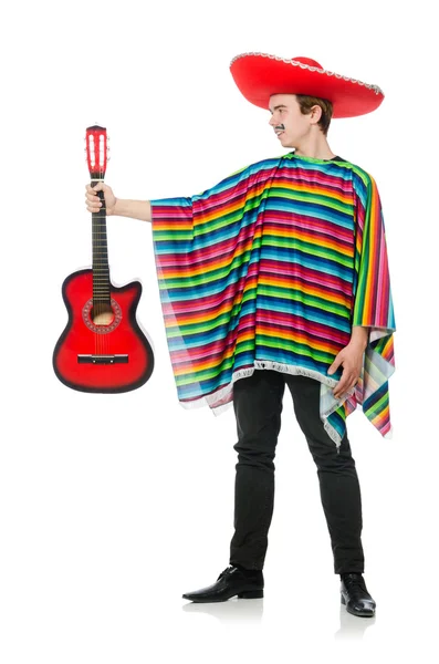 Funny young mexican with guitar isolated on white — Stock Photo, Image