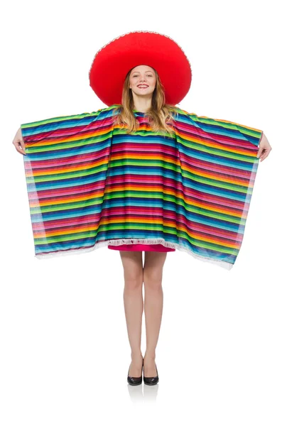 メキシコのポンチョを白で隔離でかわいい女の子 — ストック写真
