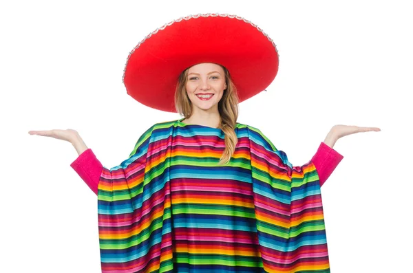 Menina bonita no poncho mexicano isolado no branco — Fotografia de Stock