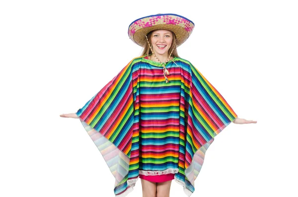 Menina bonita no poncho mexicano isolado no branco — Fotografia de Stock