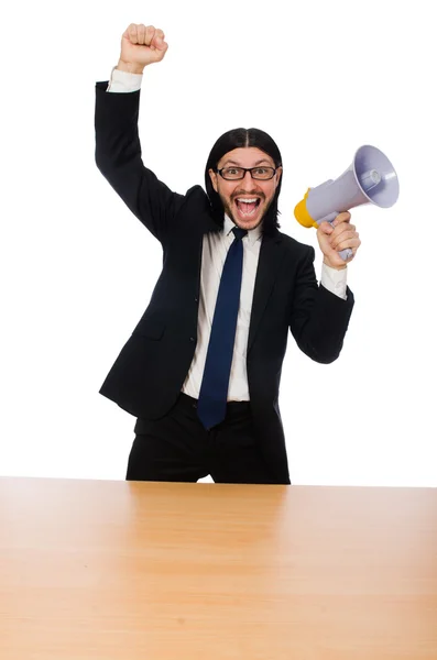 Young businessman with loudspeaker — Stock Photo, Image