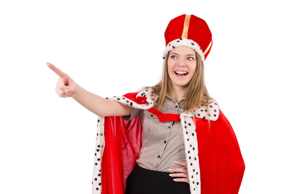 Hezká žena nosí korunu a červený kabát izolovaných na bílém — Stock fotografie