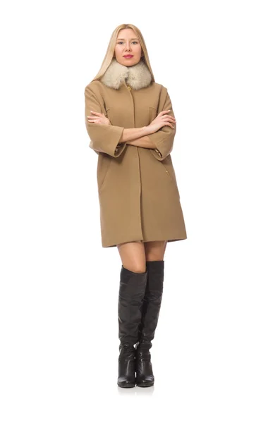 Blond hair girl in coat isolated on white — Stock Photo, Image
