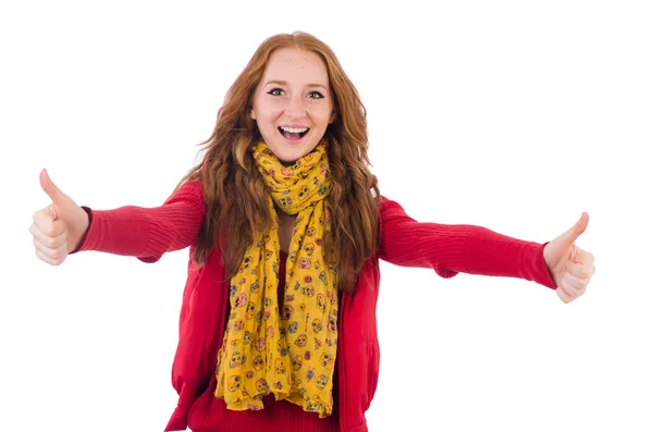 Menina sorridente bonito em casaco vermelho e jeans isolado em branco — Fotografia de Stock