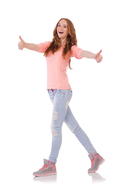 Carino sorridente ragazza in camicetta rosa e jeans isolati su bianco — Foto Stock