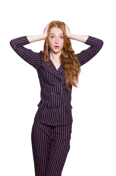 Jeune femme en costume rétro rayé isolé sur blanc — Photo