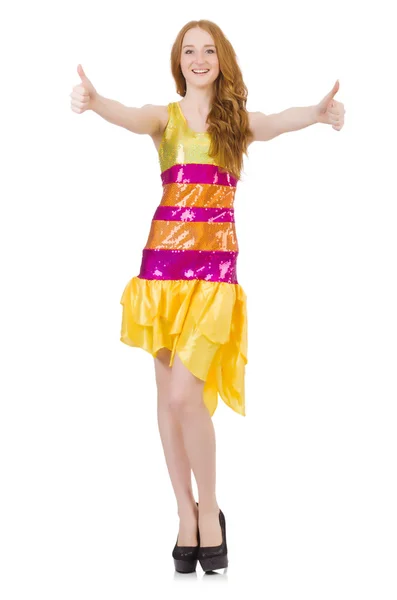Junges Mädchen in leuchtend gelbem Kleid isoliert auf weiß — Stockfoto