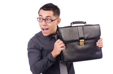 Genç adam beyaz izole evrak çantası elinde