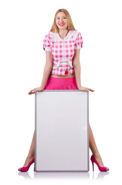 Blonde girl in pink with poster isolated on white — Stock Photo, Image