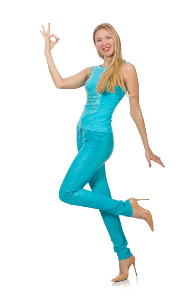 Mooie blonde vrouw in blauwe broek — Stockfoto