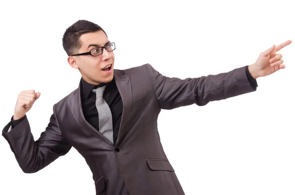 Hombre joven en traje gris aislado en blanco —  Fotos de Stock