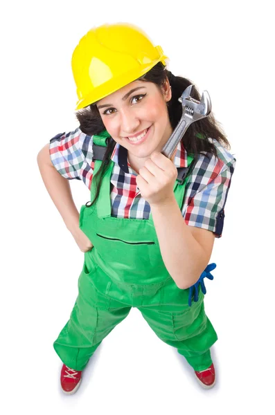 Vrouwelijke workman in groene overall geïsoleerd op de witte knop ingedrukt — Stockfoto