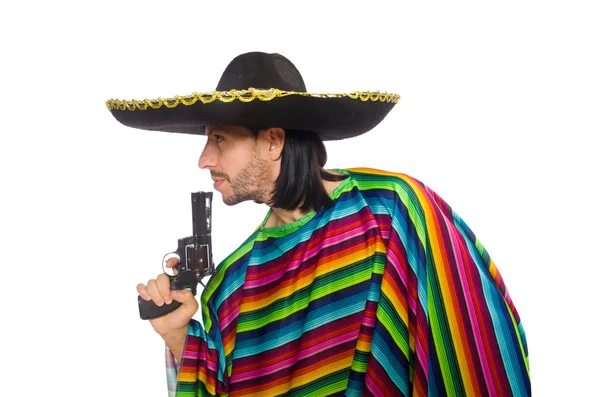Schöner Mann im lebendigen Poncho mit Pistole auf weißem Hintergrund — Stockfoto