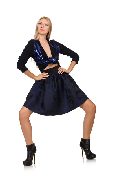 Blond hair girl in dark blue skirt — Stock Photo, Image