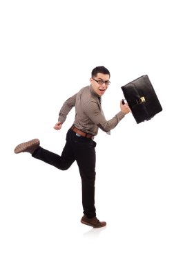 Genç adam beyaz izole evrak çantası elinde