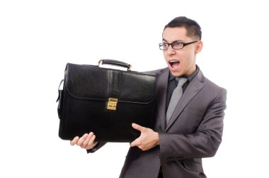 Genç adam beyaz izole evrak çantası elinde