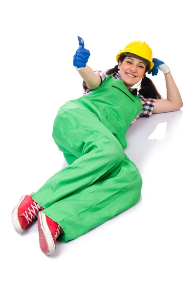 Ženské dělník v zelených overalech izolovaných na bílém — Stock fotografie