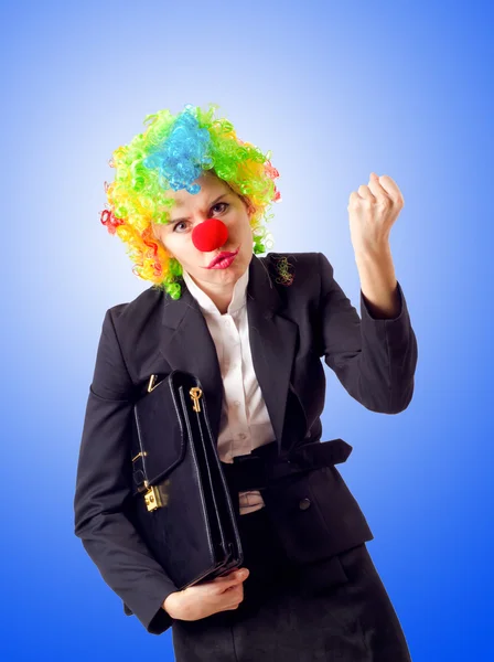 Woman clown in business suit — Stock Photo, Image