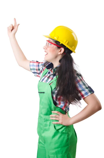Vrouwelijke workman in groene overall geïsoleerd op wit — Stockfoto