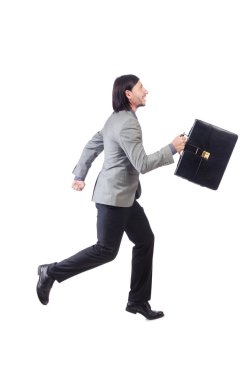 Beyaz izole gri elbiseli genç işadamı