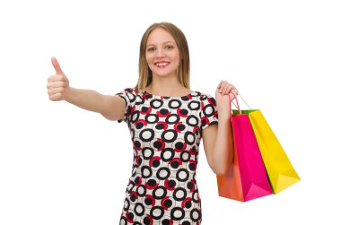 Olan plastik torbalar beyaz izole kadın