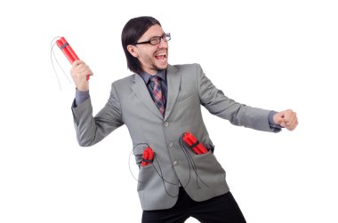 Genç işadamı dinamit beyaz izole holding