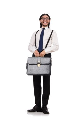 Genç Yöneticisi üzerinde beyaz izole evrak çantası ile