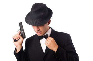 Zarif delikanlı üzerinde beyaz izole tabanca tutan