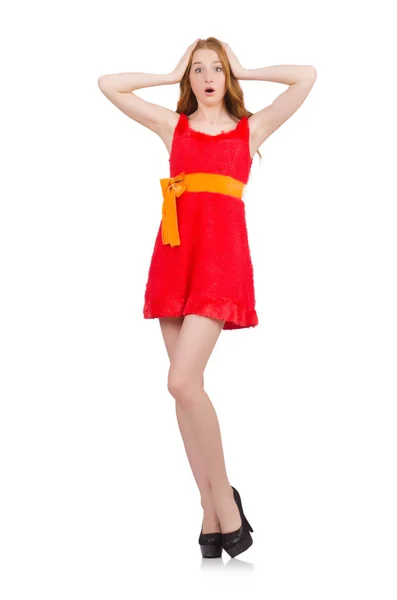 Shocked young girl in red dress isolated on white — Stock Photo, Image