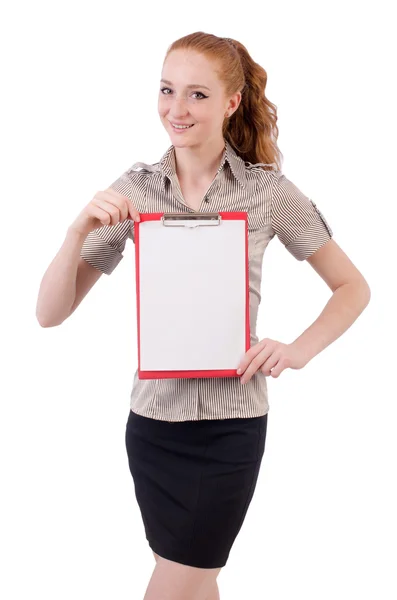 Jolie jeune employée avec du papier isolé sur blanc — Photo