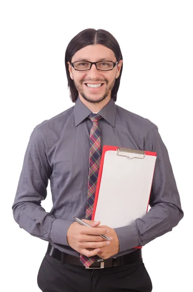 Young businessman with paper isolated on white — Stock Photo, Image