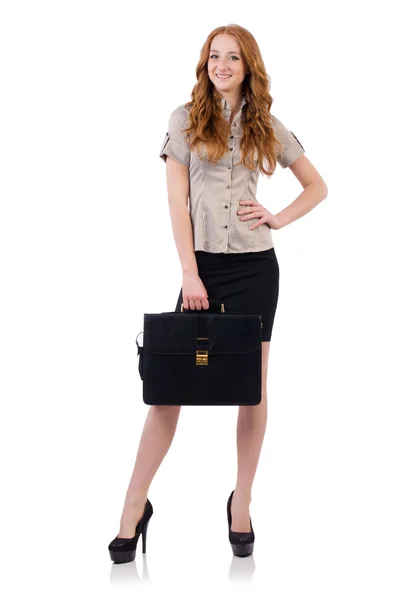 Genç ve güzel çalışan beyaz izole evrak çantası ile — Stok fotoğraf