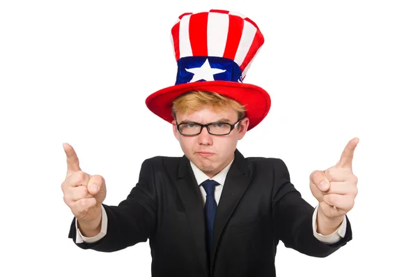 Uomo d'affari con cappello americano isolato su bianco — Foto Stock