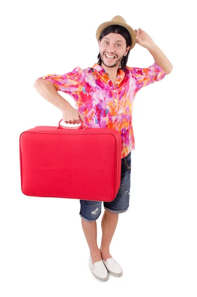 Tourist with suitcase isolated on white — Stock Photo, Image