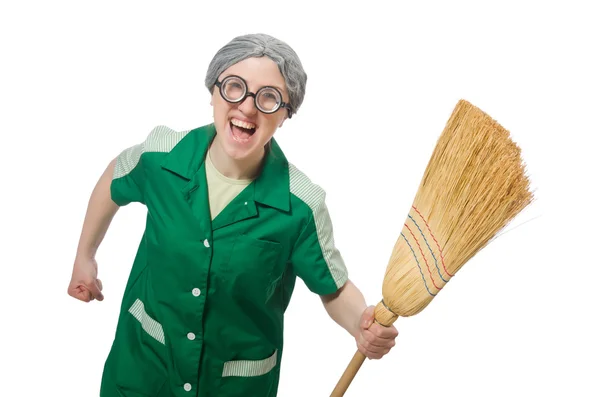 Mujer con cepillo barrido aislado en blanco — Foto de Stock