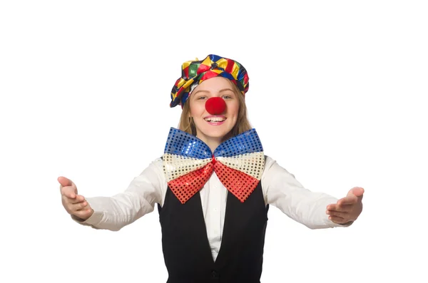 Hübsche weibliche Clown isoliert auf weiß — Stockfoto