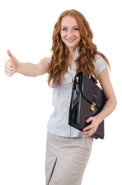 Pretty young employee with briefcase isolated on white — Stock Photo, Image
