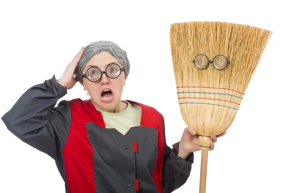 Woman with sweeping brush isolated on white — Stock Photo, Image